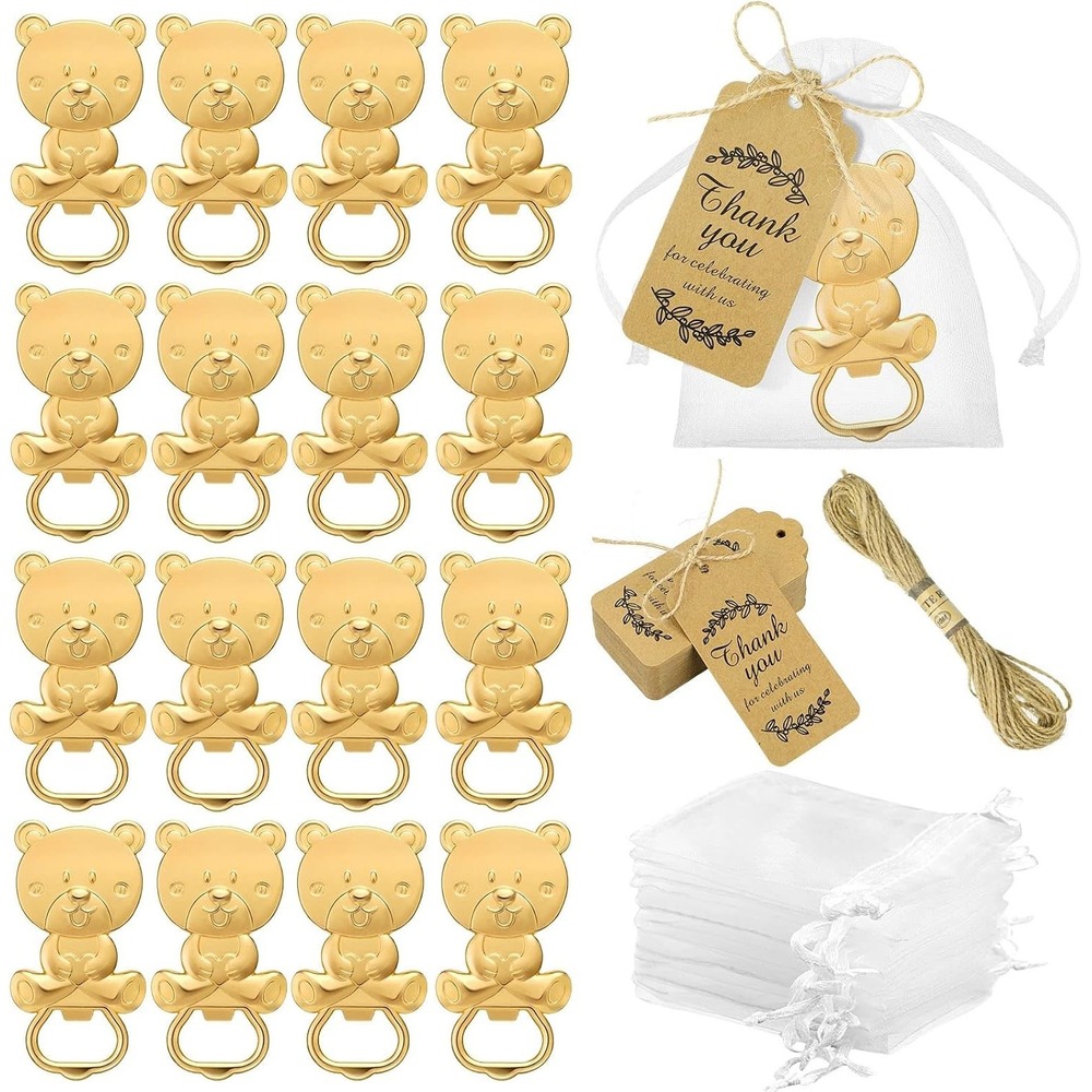 24 Pc Houdezhu Teddy Bear Bottle Opener Party Favor Gold with Bags & Tags